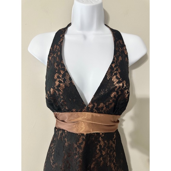 Bari Jay Black Bronze Lace Halter Neck Sheath Dress Size 8 Bow‎ Tie Back - Picture 4 of 8